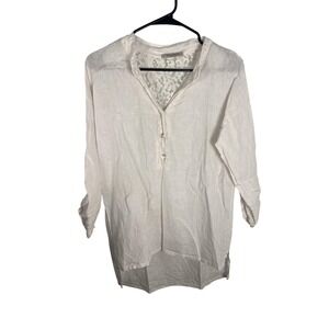 Viola Borghi Blouse Wm Sm White Linen Lace Henley Tunic Roll Tab Top Lagenlook